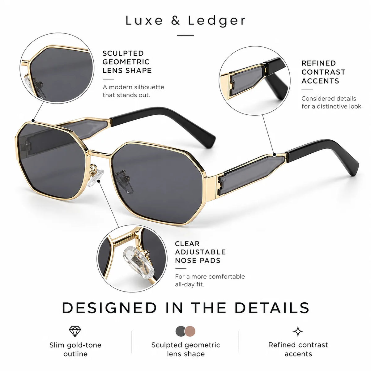 Gold and black geometric square sunglasses with dark lenses, shown on a white background with callout circles and text highlighting design details. The text at the top reads 'Luxe & Ledger' and the bottom reads 'DESIGNED IN THE DETAILS'.