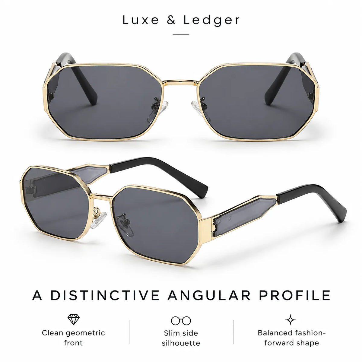 Two views of geometric angular sunglasses with gold metal frames and dark gray lenses, labeled 'Luxe & Ledger' with feature callouts below on a white background.