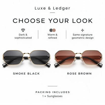 A product selection graphic for Luxe & Ledger geometric sunglasses on a white background. It shows two pairs of sunglasses side by side: one labeled 'SMOKE BLACK' with dark lenses and one labeled 'ROSE BROWN' with warm brown lenses, both with gold-tone frames.