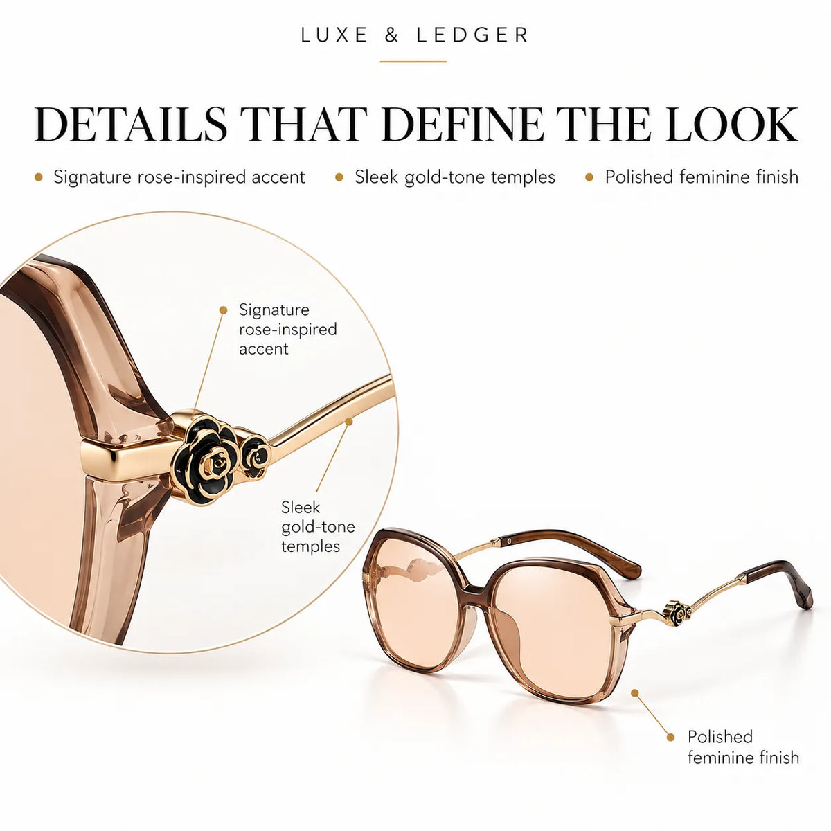 A pair of square-frame sunglasses with rose gold and brown frames and light pink lenses, shown on a white background with a circular detail inset highlighting the rose-inspired flower accent and gold-tone temples. Text at the top reads 'LUXE & LEDGER' and 'DETAILS THAT DEFINE THE LOOK'.