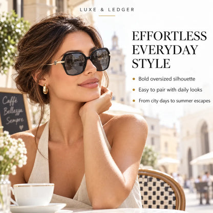 A woman in a sunlit outdoor cafe setting wearing oversized square sunglasses with dark lenses and thin gold-tone metal frames. Text on the right reads 'LUXE & LEDGER' and 'EFFORTLESS EVERYDAY STYLE' with bullet points, while a coffee cup sits on a table at left.