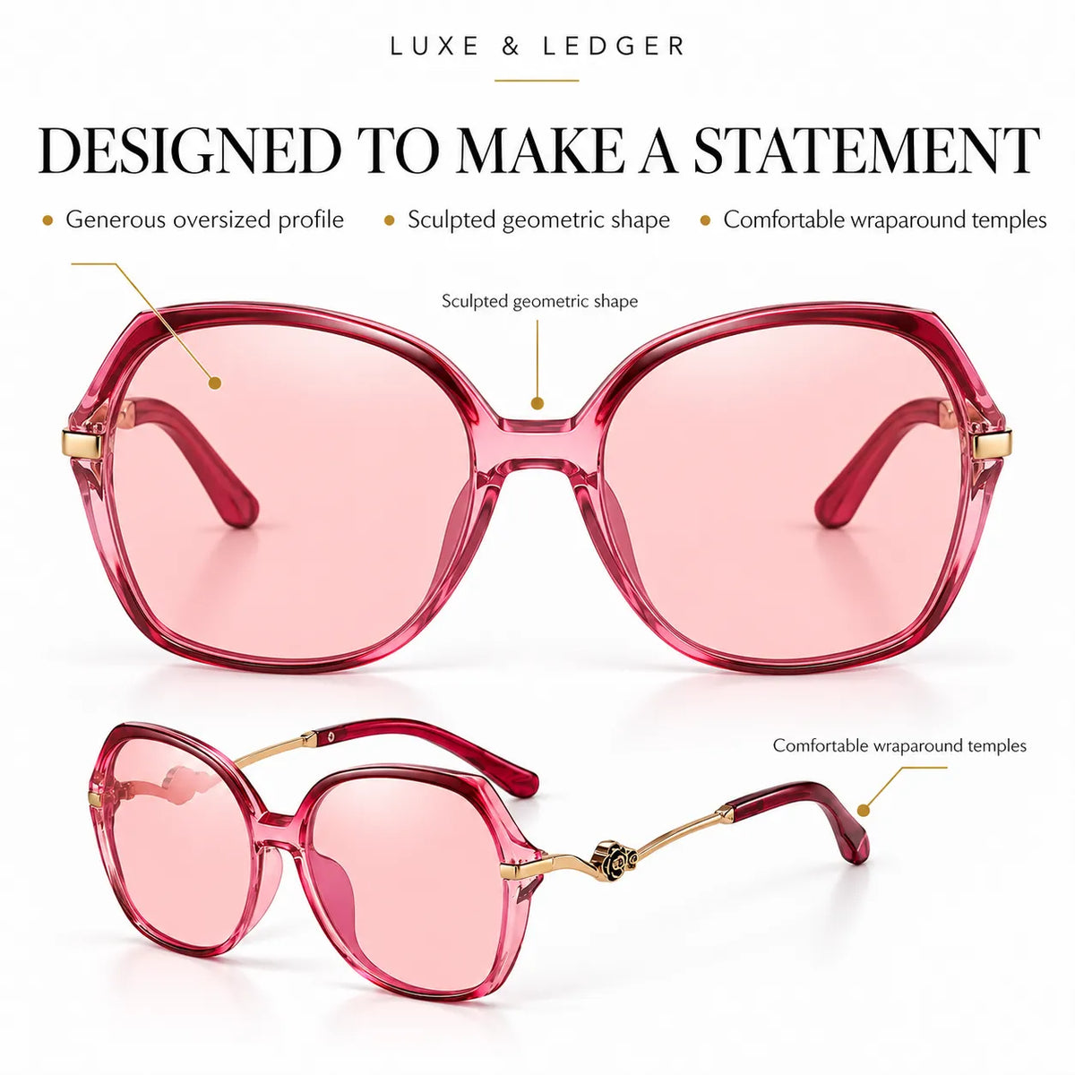 Pink oversized square sunglasses with gold metal accents, shown from two angles on a white background with descriptive text and callout lines.