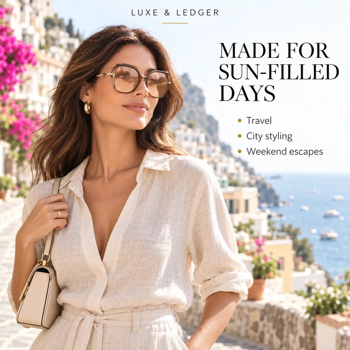 A woman wearing Luxe & Ledger oversized square tortoiseshell sunglasses and a cream linen shirt stands on a sunny coastal hillside with the sea and buildings in the background. Text on the right reads 'MADE FOR SUN-FILLED DAYS' with bullet points for travel, city styling, and weekend escapes.