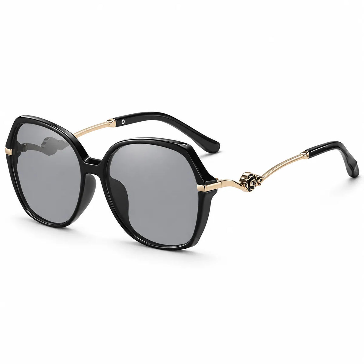 A promotional graphic for Luxe & Ledger sunglasses showing four color options in a 2x2 grid: purple/lavender, rose pink, black smoke, and brown/champagne. Each pair has oversized round lenses and gold-tone metal arms.