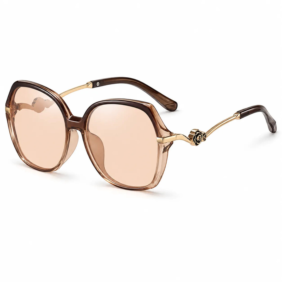Oversized square sunglasses with translucent brown frames, warm pink-tinted lenses, and gold metal temples with a decorative emblem, shown on a white background.