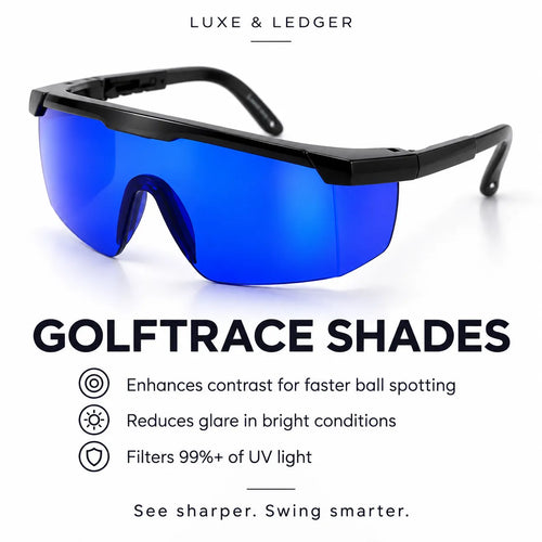 Luxe & Ledger golf shades with a black frame and blue mirrored lenses, shown on a white background with marketing text about contrast, glare reduction, and UV protection.
