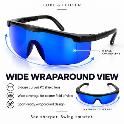 Wide wraparound sports sunglasses with a black frame and blue mirrored lenses, shown on a white background with explanatory text and a smaller inset view demonstrating the wraparound coverage.