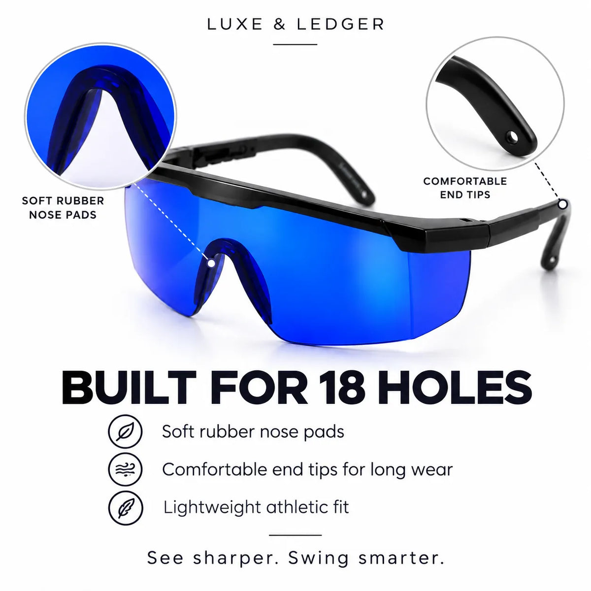 Blue shield-style sports sunglasses with black frames, shown on a white background with callout circles and text highlighting soft rubber nose pads, comfortable end tips, and built-in cushioning for 18 holes.