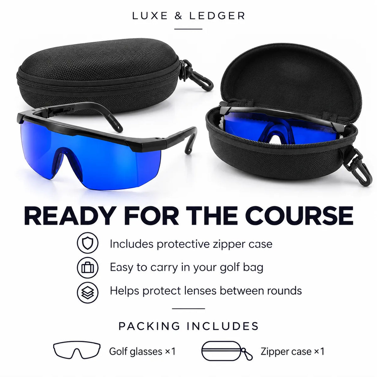 Golf glasses with blue mirrored lenses and black frames, shown alongside two black zippered protective cases on a white background. Text at the top reads 'LUXE & LEDGER' and large text says 'READY FOR THE COURSE' with feature callouts and 'PACKING INCLUDES' listing golf glasses and a zipper case.