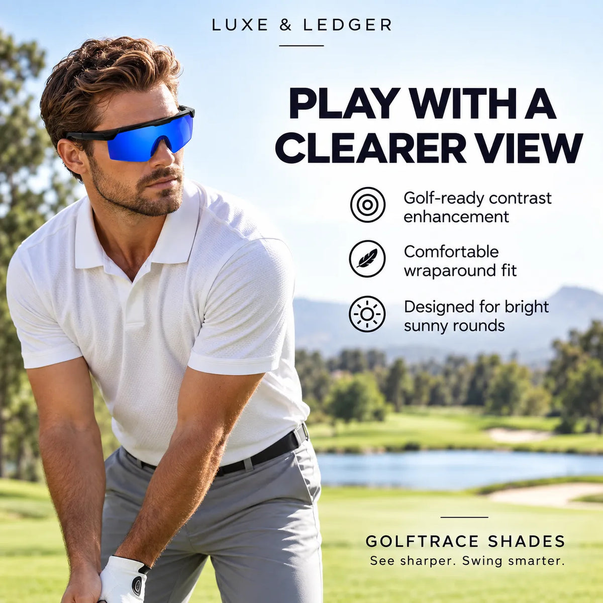 A man in a white polo shirt and gray trousers wearing blue-tinted golf sunglasses on a golf course, with promotional text for Luxe & Ledger Golftrace Shades.
