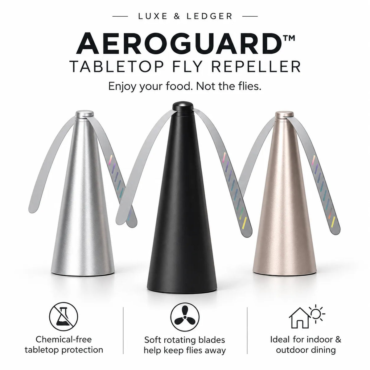 Three cone-shaped tabletop fly repellent devices from Luxe & Ledger, shown in silver, black, and rose gold, with gray wings. The image features marketing text and feature icons at the top and bottom on a white background.