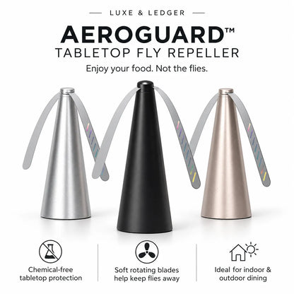 Three cone-shaped tabletop fly repellent devices from Luxe & Ledger, shown in silver, black, and rose gold, with gray wings. The image features marketing text and feature icons at the top and bottom on a white background.