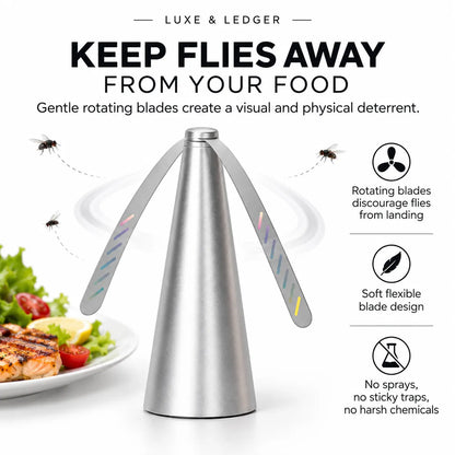 A stainless steel fly trap with two angled blades, shown on a white background with marketing text, fly illustrations, and a plate of food at the lower left.