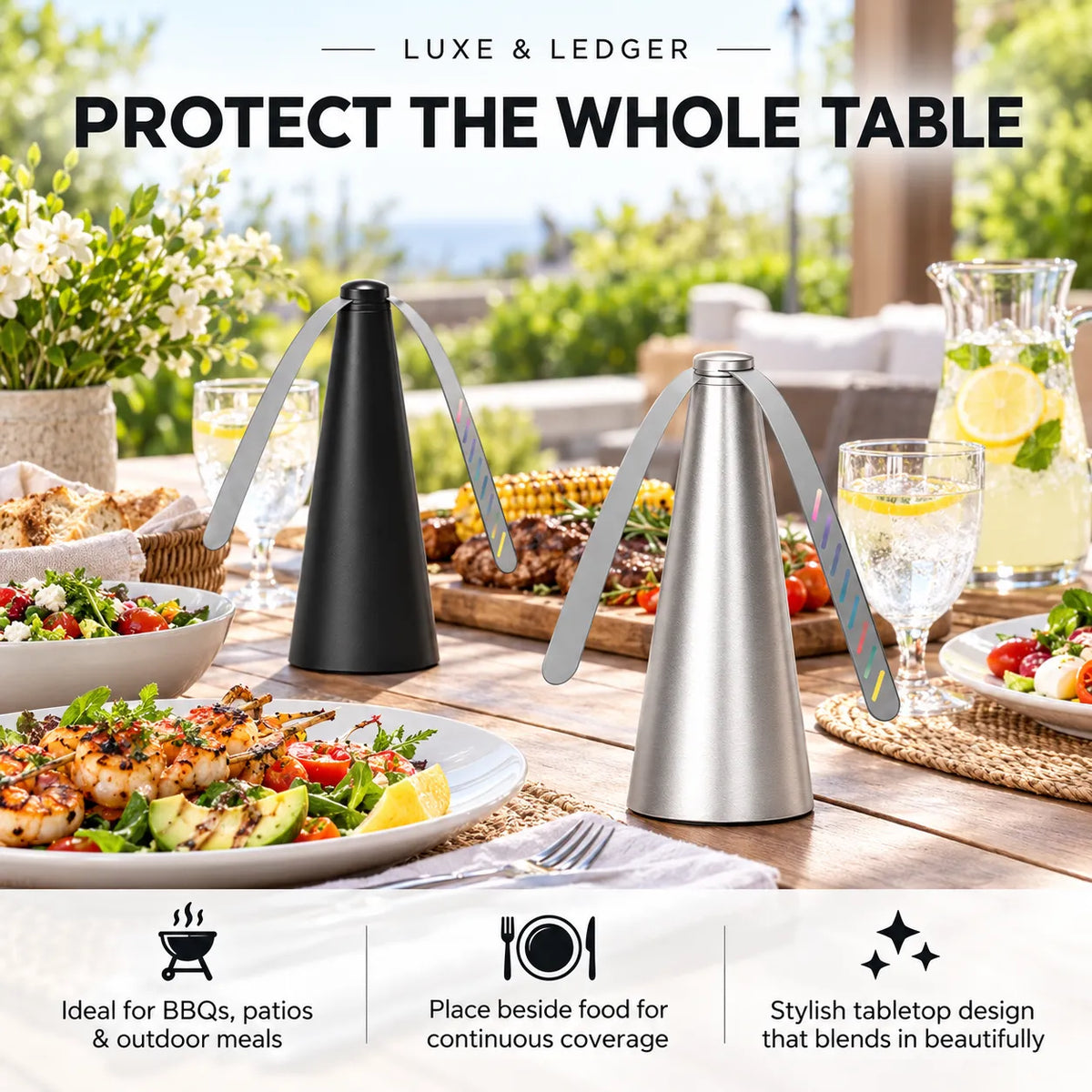 Two tabletop condiment spray bottles with long handles, one matte black and one brushed silver, displayed on an outdoor dining table with food and drinks. Large text at the top reads 'PROTECT THE WHOLE TABLE' and a banner at the bottom includes feature icons and copy.
