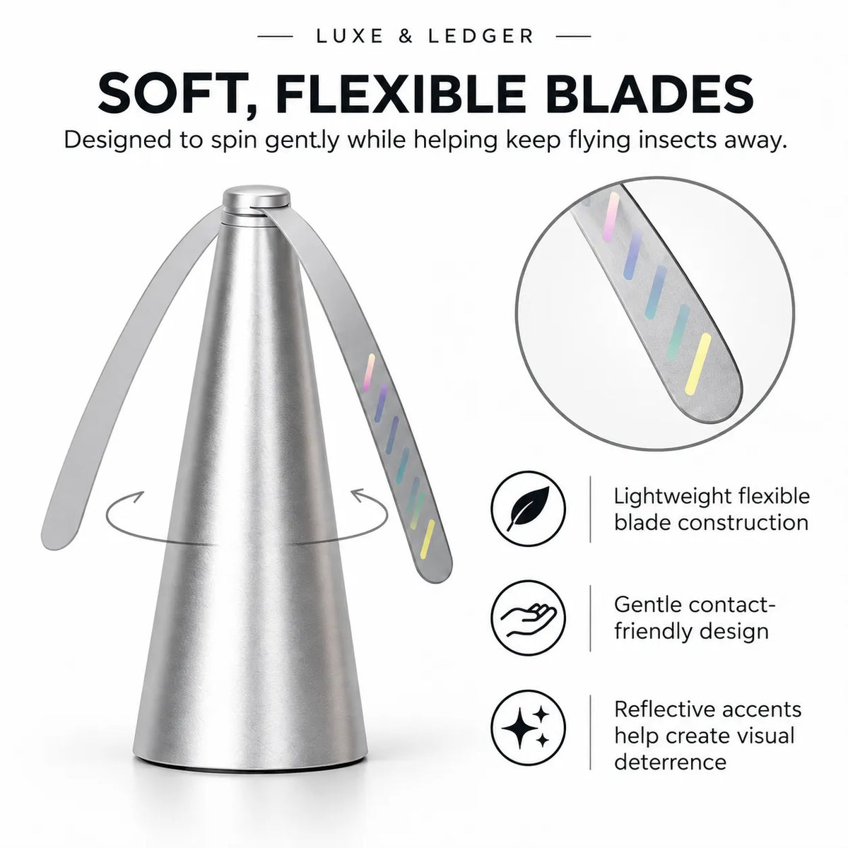 A metallic cone-shaped insect repellent device with three flexible reflective blades, shown on a white background with marketing text and feature icons. The top reads 'LUXE & LEDGER' and 'SOFT, FLEXIBLE BLADES,' with a circular inset showing a close-up of the blade surface.