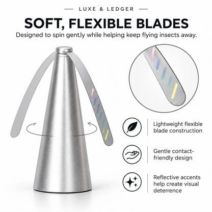 A metallic cone-shaped insect repellent device with three flexible reflective blades, shown on a white background with marketing text and feature icons. The top reads 'LUXE & LEDGER' and 'SOFT, FLEXIBLE BLADES,' with a circular inset showing a close-up of the blade surface.