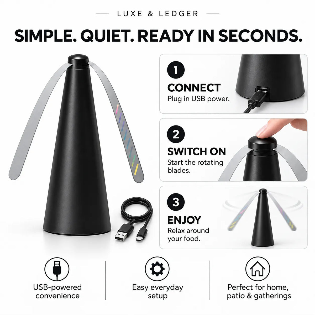 Black cone-shaped electric lawn spinner with two rotating blades, shown with a USB cable and three step-by-step usage panels on a white background. Text reads 'SIMPLE.