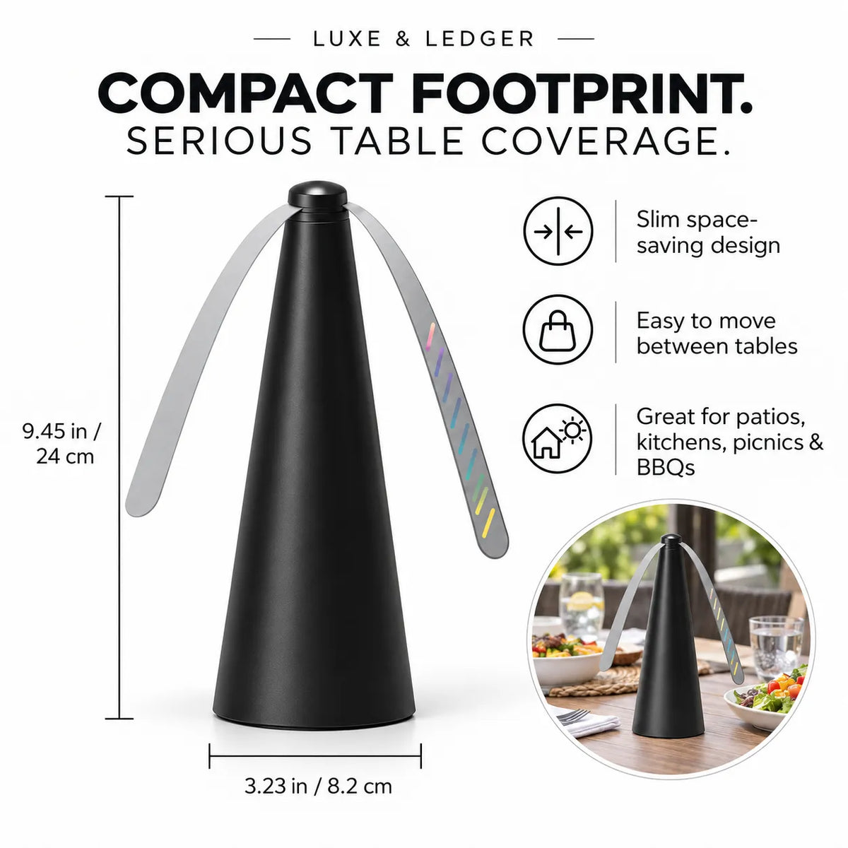 Black cone-shaped table cover with two gray arching sides, shown with dimensions and feature callouts on a white background. Text reads 'Compact footprint.