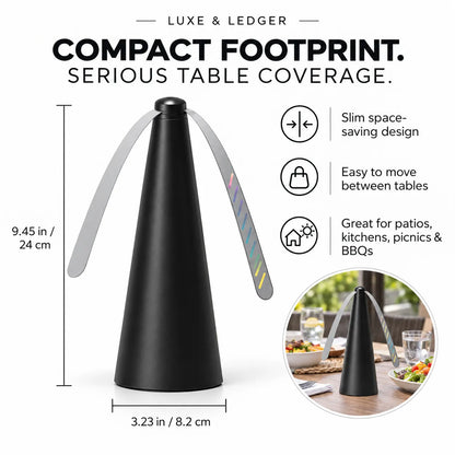 Black cone-shaped table cover with two gray arching sides, shown with dimensions and feature callouts on a white background. Text reads 'Compact footprint.