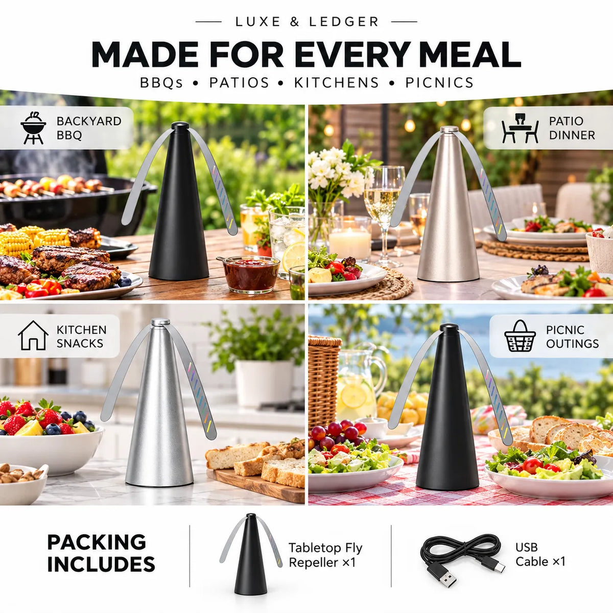 A promotional collage for a cone-shaped tabletop fly repeller and USB cable, shown in four lifestyle usage scenes: backyard BBQ, patio dinner, kitchen snacks, and picnic outings. The product appears in matte black and metallic silver finishes, with text reading 'Made for Every Meal' and 'Packing Includes' plus a USB cable and fly repeller.