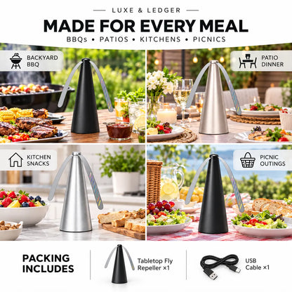 A promotional collage for a cone-shaped tabletop fly repeller and USB cable, shown in four lifestyle usage scenes: backyard BBQ, patio dinner, kitchen snacks, and picnic outings. The product appears in matte black and metallic silver finishes, with text reading 'Made for Every Meal' and 'Packing Includes' plus a USB cable and fly repeller.