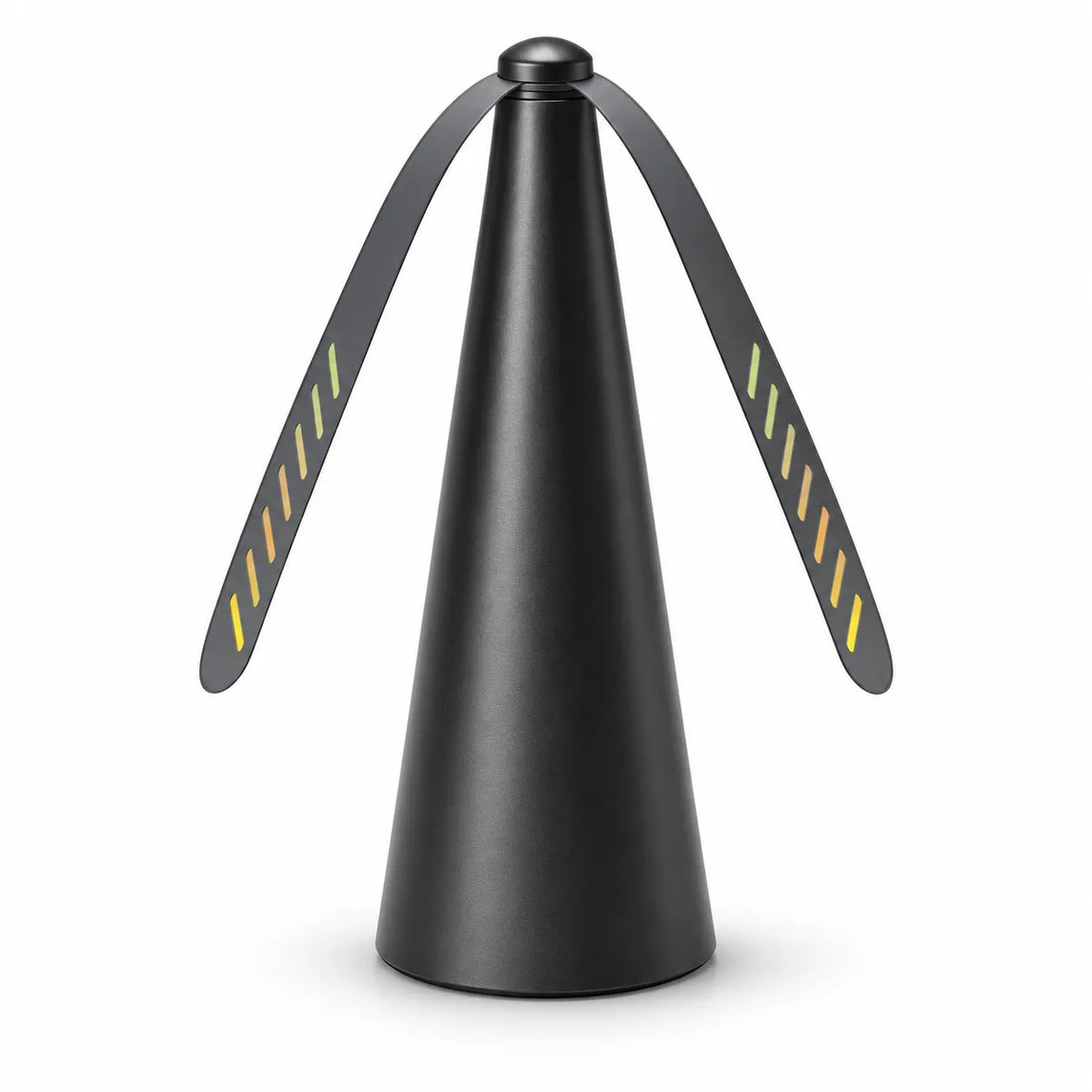A matte black cone-shaped lamp with two curved arms extending from the top, each decorated with diagonal yellow and orange stripes, shown on a clean white background.