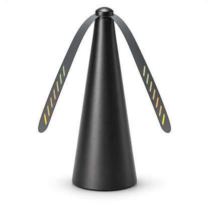 A matte black cone-shaped lamp with two curved arms extending from the top, each decorated with diagonal yellow and orange stripes, shown on a clean white background.