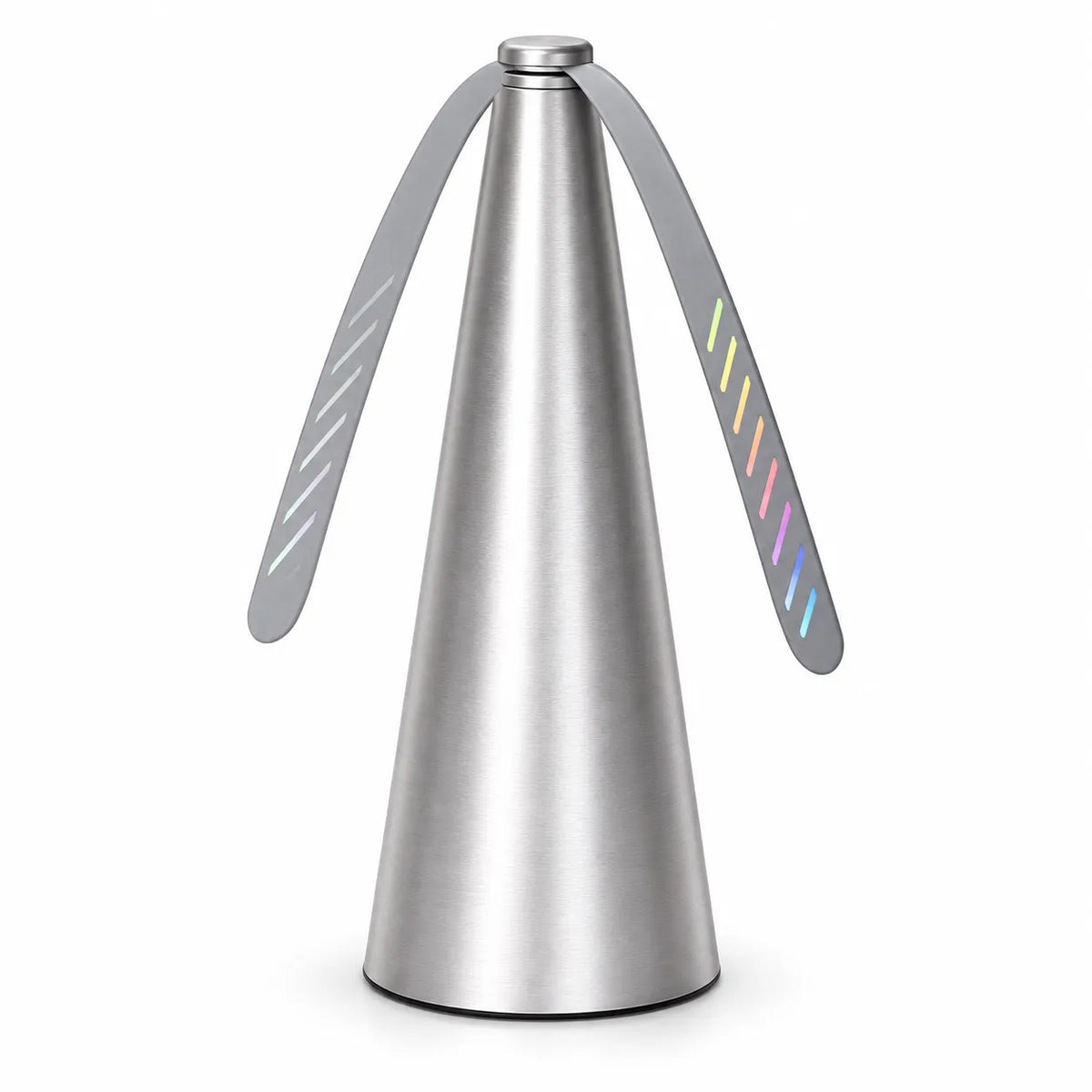 A brushed stainless steel cone-shaped object with two curved metal arms extending from the top, shown on a clean white background.