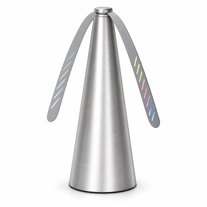 A brushed stainless steel cone-shaped object with two curved metal arms extending from the top, shown on a clean white background.