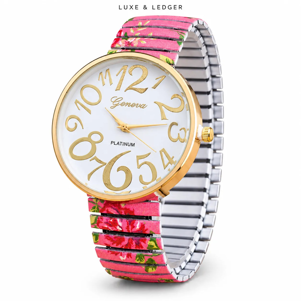 A Geneva watch with a white dial, gold-tone numerals and case, and a pink floral metal link bracelet. The brand name 'LUXE & LEDGER' is printed at the top of the image.