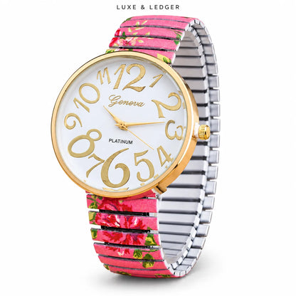 A Geneva watch with a white dial, gold-tone numerals and case, and a pink floral metal link bracelet. The brand name 'LUXE & LEDGER' is printed at the top of the image.