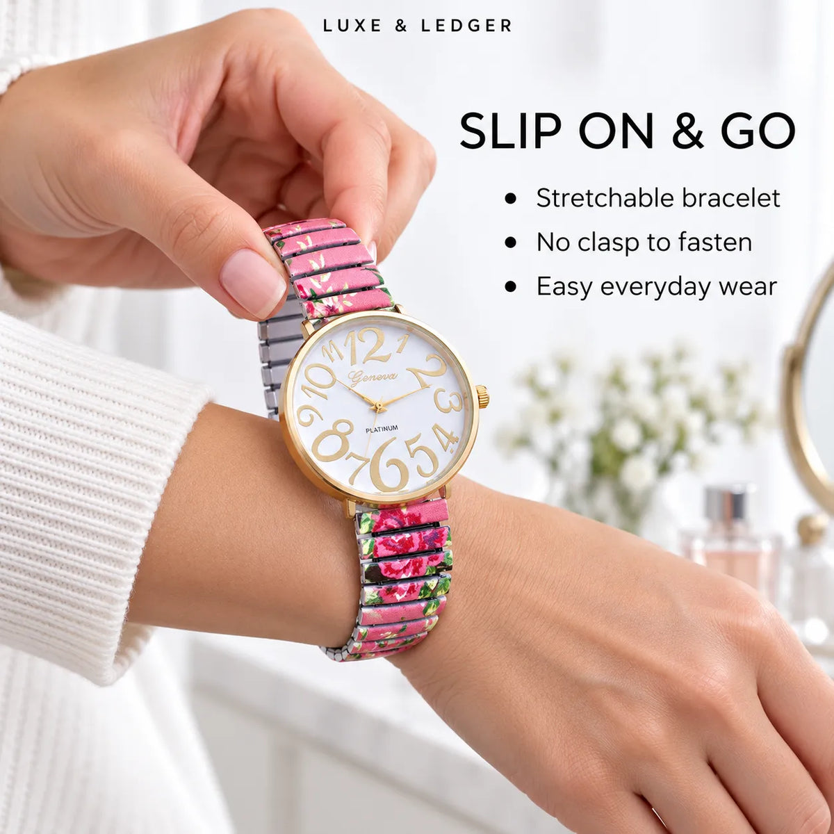 A person wearing and holding a slim round watch with a gold-tone case, white dial, and a colorful floral stretch bracelet. The image includes marketing text reading 'LUXE & LEDGER' and 'SLIP ON & GO' with feature bullet points.