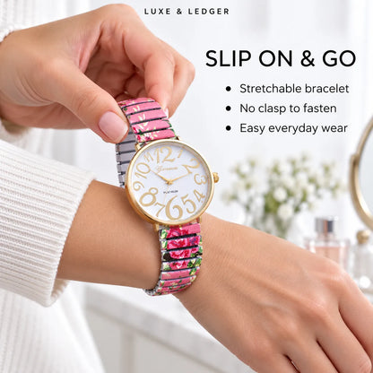 A person wearing and holding a slim round watch with a gold-tone case, white dial, and a colorful floral stretch bracelet. The image includes marketing text reading 'LUXE & LEDGER' and 'SLIP ON & GO' with feature bullet points.