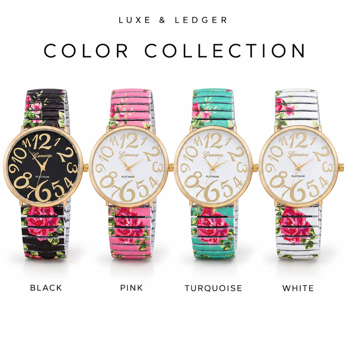 Four wristwatches from the Luxe & Ledger Color Collection are lined up against a white background. The watches feature floral-patterned straps and gold-tone dials with gold Arabic numerals.
