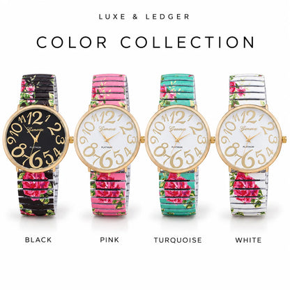 Four wristwatches from the Luxe & Ledger Color Collection are lined up against a white background. The watches feature floral-patterned straps and gold-tone dials with gold Arabic numerals.