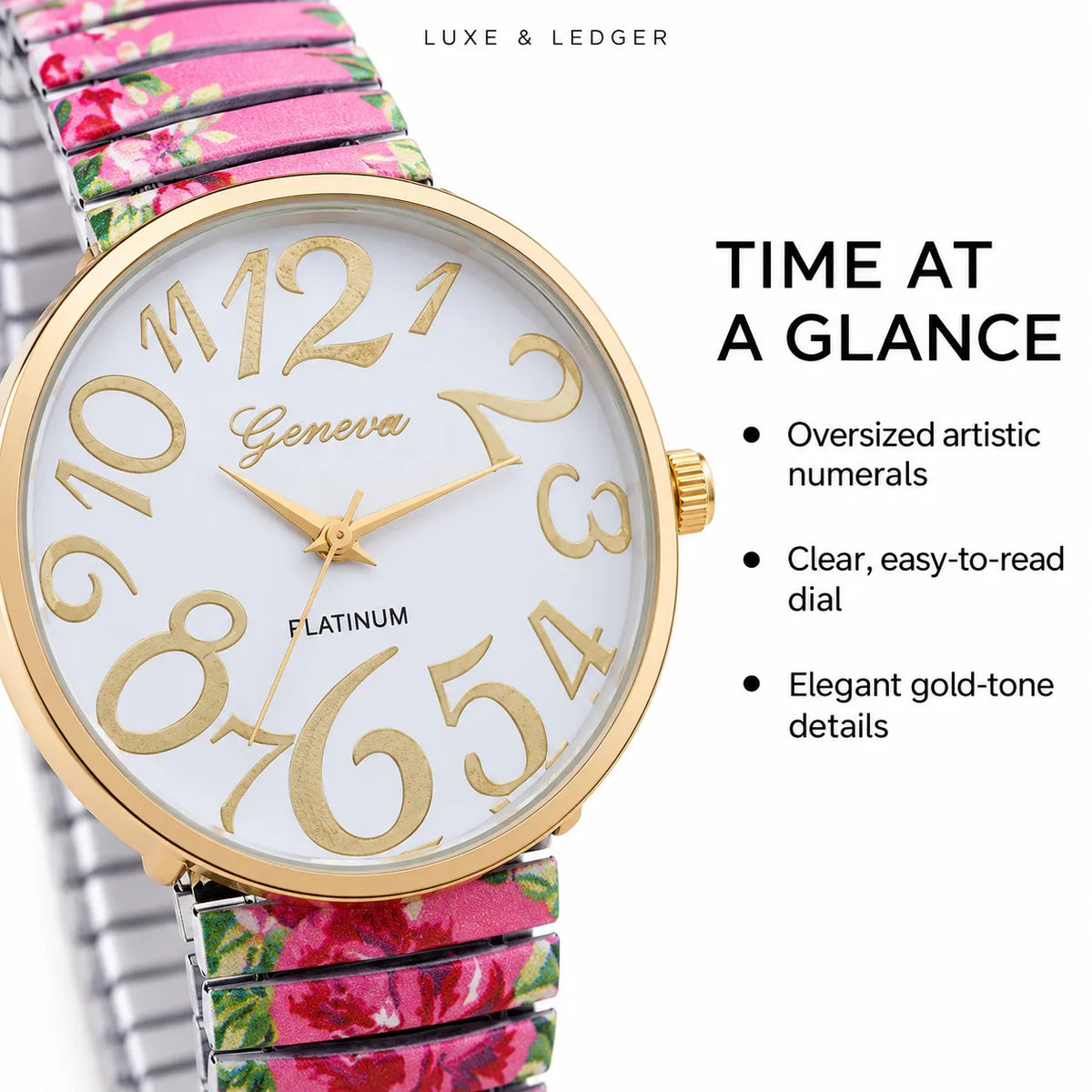 A wristwatch with a gold-tone round case, white dial with oversized gold numerals, and a pink floral link bracelet. The image includes marketing text on the right and a small 'LUXE & LEDGER' brand mark at the top.