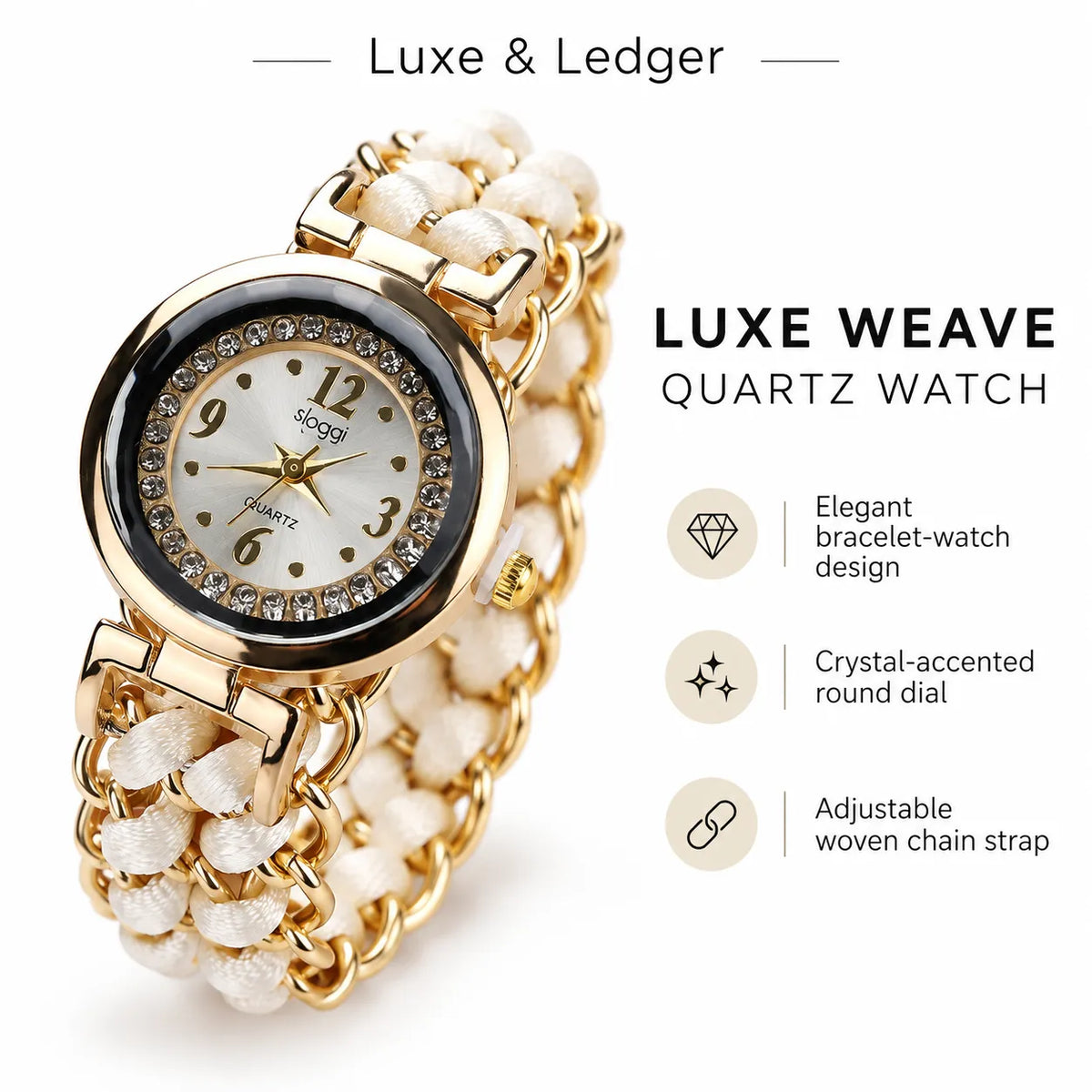 A luxury quartz watch with a gold-tone case and a woven white strap, shown on a clean white background with promotional text and feature icons.