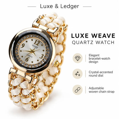 A luxury quartz watch with a gold-tone case and a woven white strap, shown on a clean white background with promotional text and feature icons.