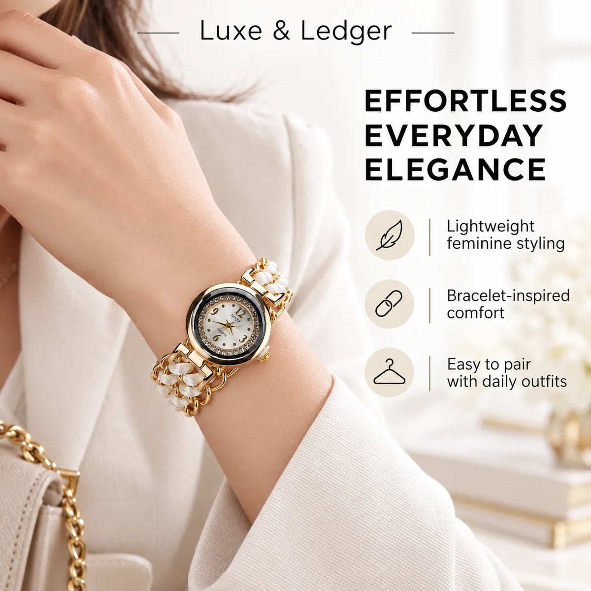 A woman wearing a gold-tone wristwatch with a pearl-embellished bracelet, shown in a lifestyle setting with promotional text reading 'Luxe & Ledger' and 'EFFORTLESS EVERYDAY ELEGANCE' plus feature callouts.