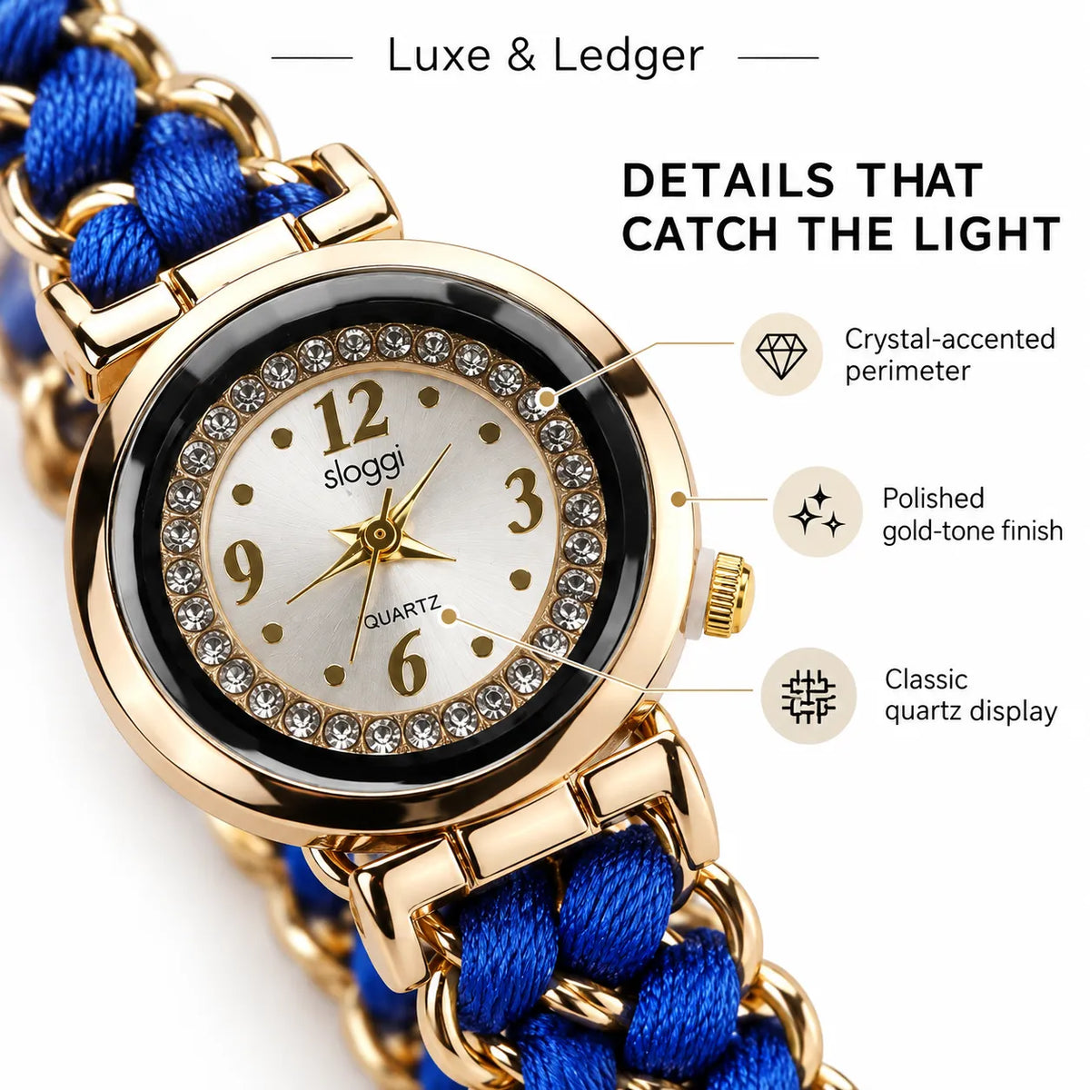 A close-up product shot of a Luxe & Ledger women's watch with a gold-tone case, crystal-accented bezel, white dial, and a blue braided strap. Callout lines and text highlight details such as the crystal-accented perimeter, polished gold-tone finish, and classic quartz display.