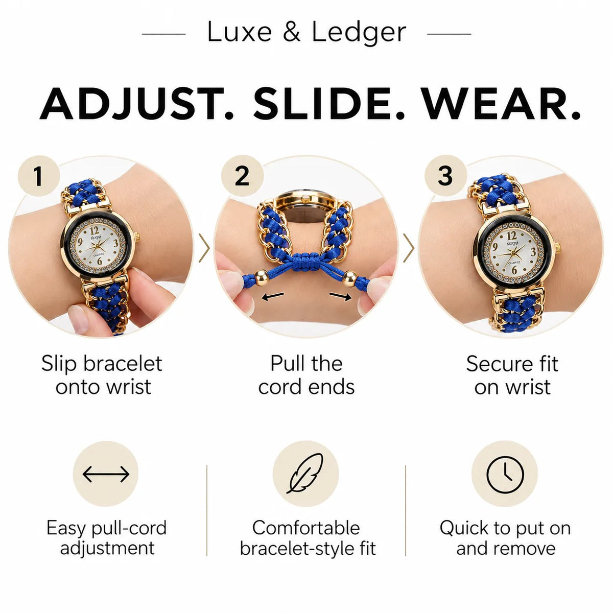Instruction graphic showing how to adjust, slide, and wear a blue braided watch bracelet on a wrist, with three numbered steps and feature callouts below.
