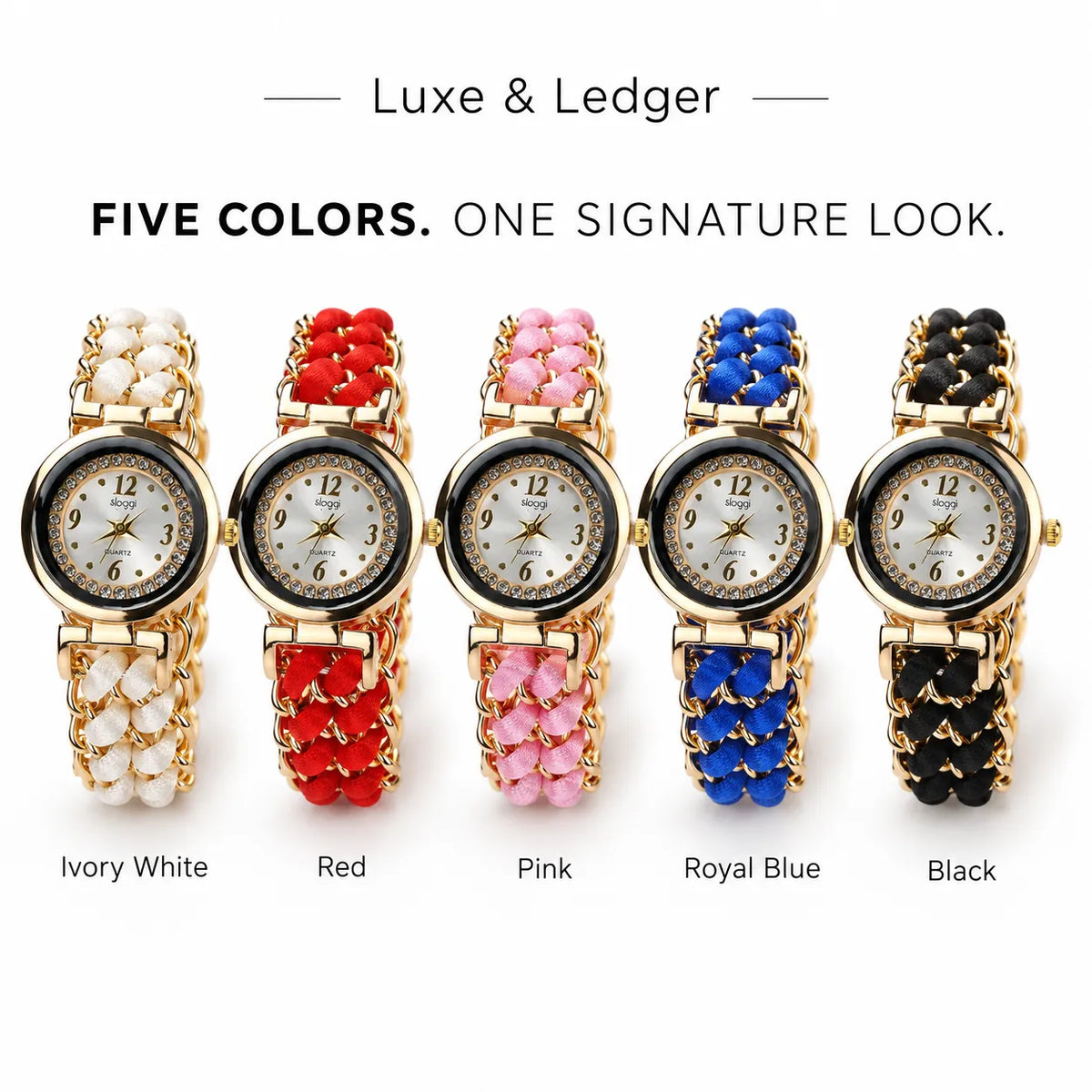 Five women's analog wristwatches with gold-tone metal cases and woven straps in ivory white, red, pink, royal blue, and black, displayed side-by-side on a white background with text labels.