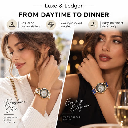 Promotional split-screen graphic for a Luxe & Ledger statement bracelet, showing a woman in a white knit sweater labeled 'Daytime Chic' and another woman in a black top labeled 'Evening Elegance'. The image highlights the gold-toned bracelet with crystal embellishments and blue stone accents, with marketing text overlays and icons.