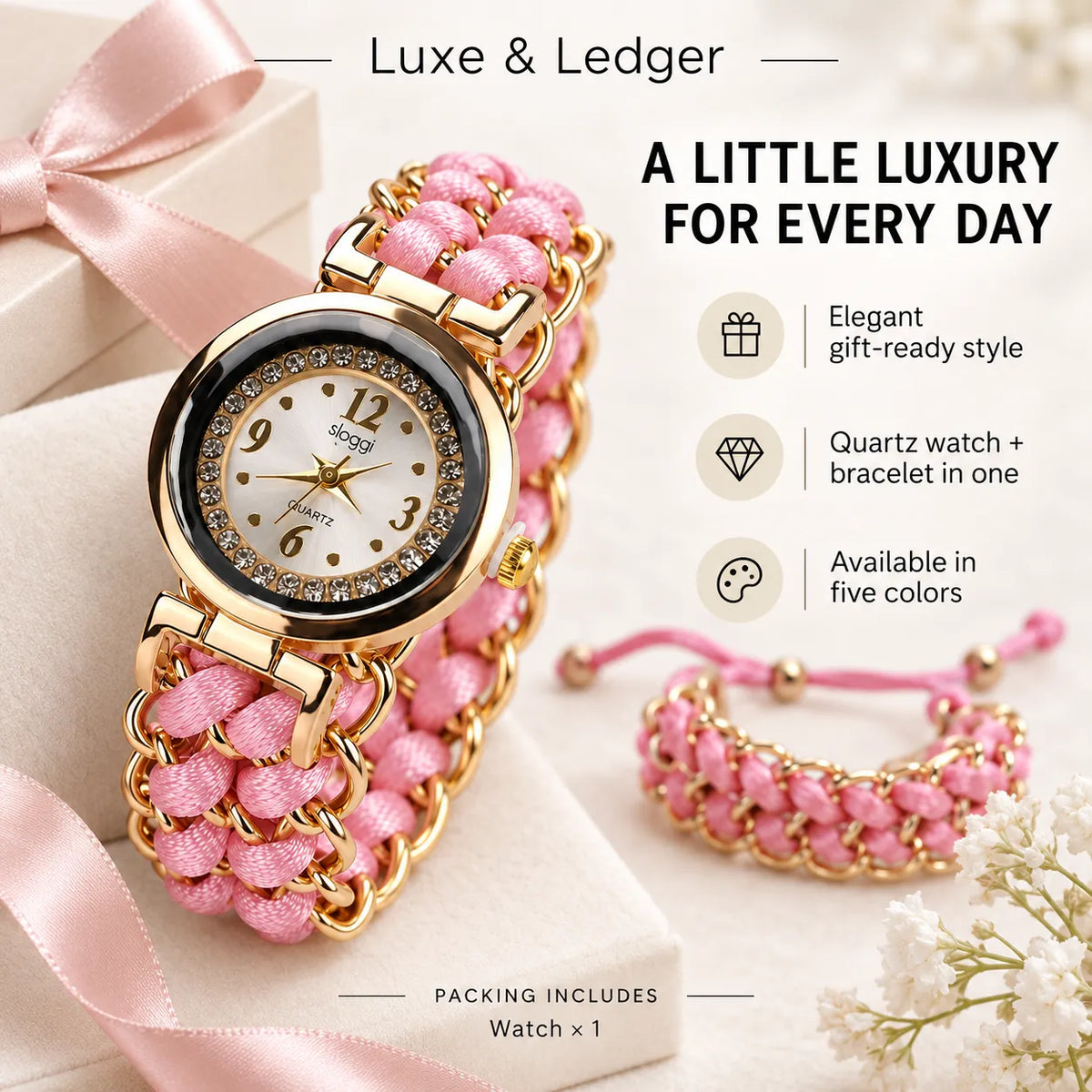 Pink and gold Luxe & Ledger quartz watch with a woven bracelet, displayed alongside a matching pink woven bracelet and gift box on a soft beige background with promotional text.