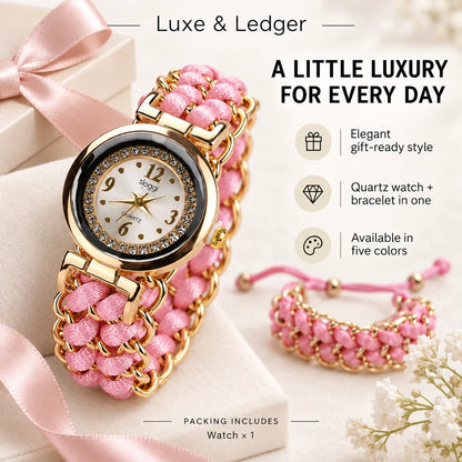 Pink and gold Luxe & Ledger quartz watch with a woven bracelet, displayed alongside a matching pink woven bracelet and gift box on a soft beige background with promotional text.