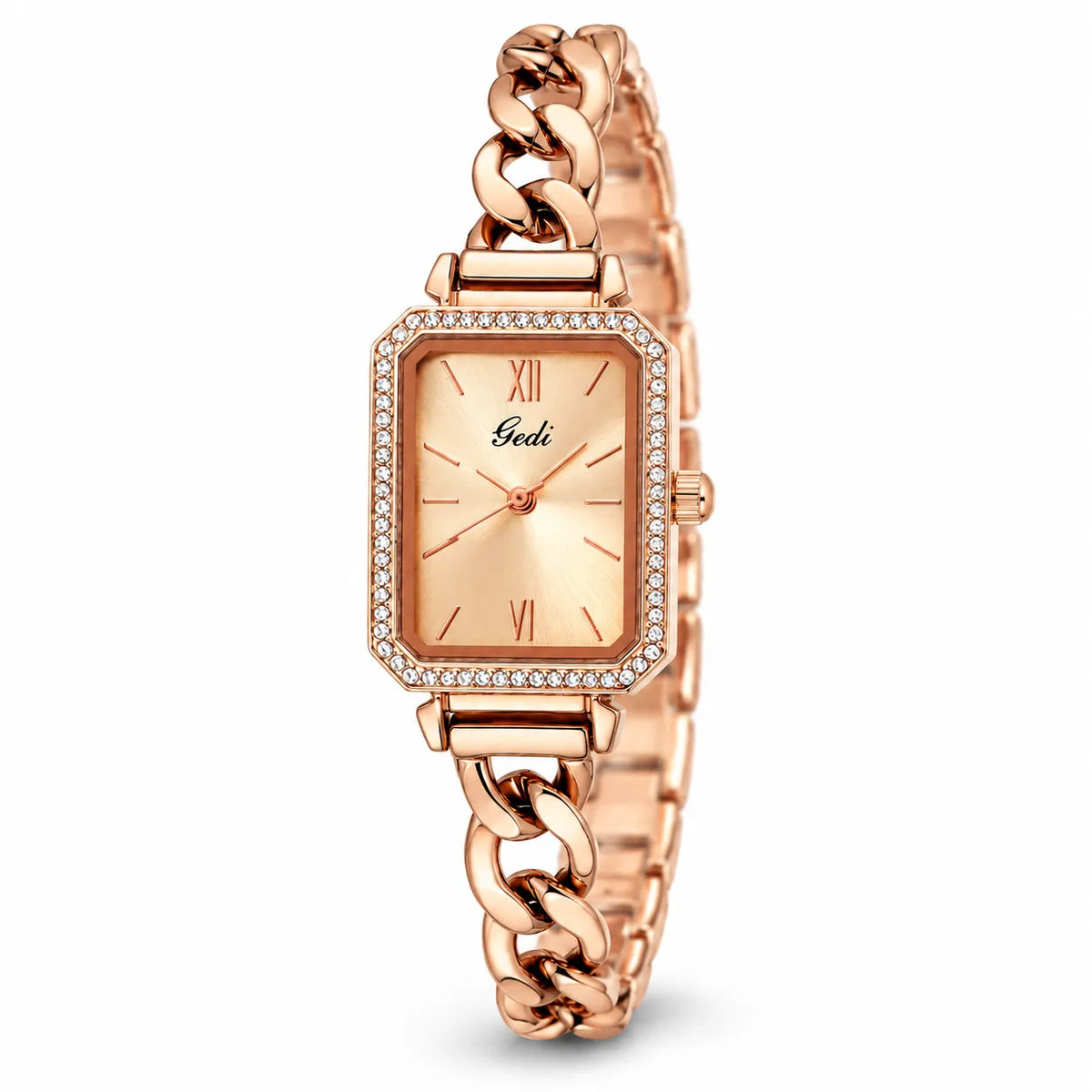 A women's rectangular analog watch with a rose gold-tone metal bracelet and case, featuring a diamond-encrusted bezel, Roman numeral hour markers, and a champagne-gold dial. The brand name 'Geeki' is visible on the dial.