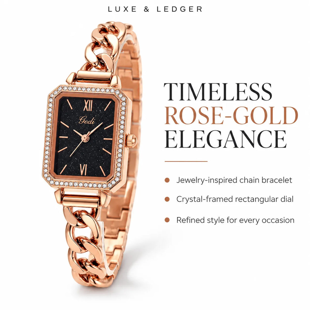 A rose gold women's watch with a rectangular crystal-embellished dial, black face, and a chunky chain bracelet, shown next to promotional text on a white background.