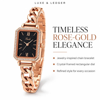 A rose gold women's watch with a rectangular crystal-embellished dial, black face, and a chunky chain bracelet, shown next to promotional text on a white background.