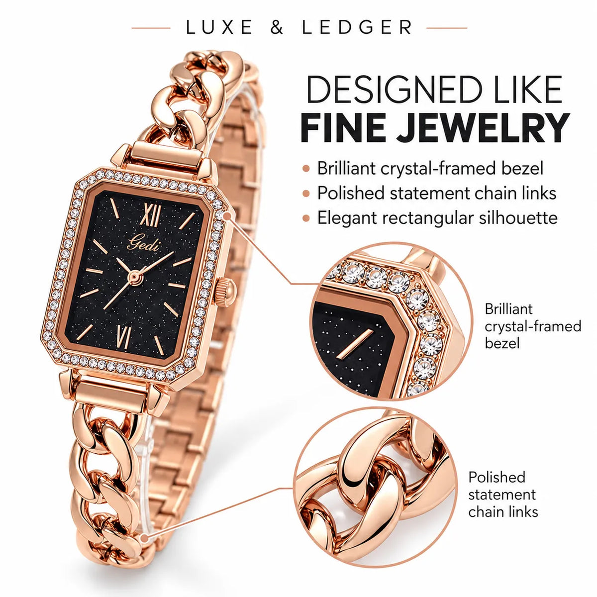 Rose gold women's watch with a rectangular crystal-bezel face, black dial, and polished chain link bracelet, shown on a white background with callout graphics and text highlighting jewelry-like details.