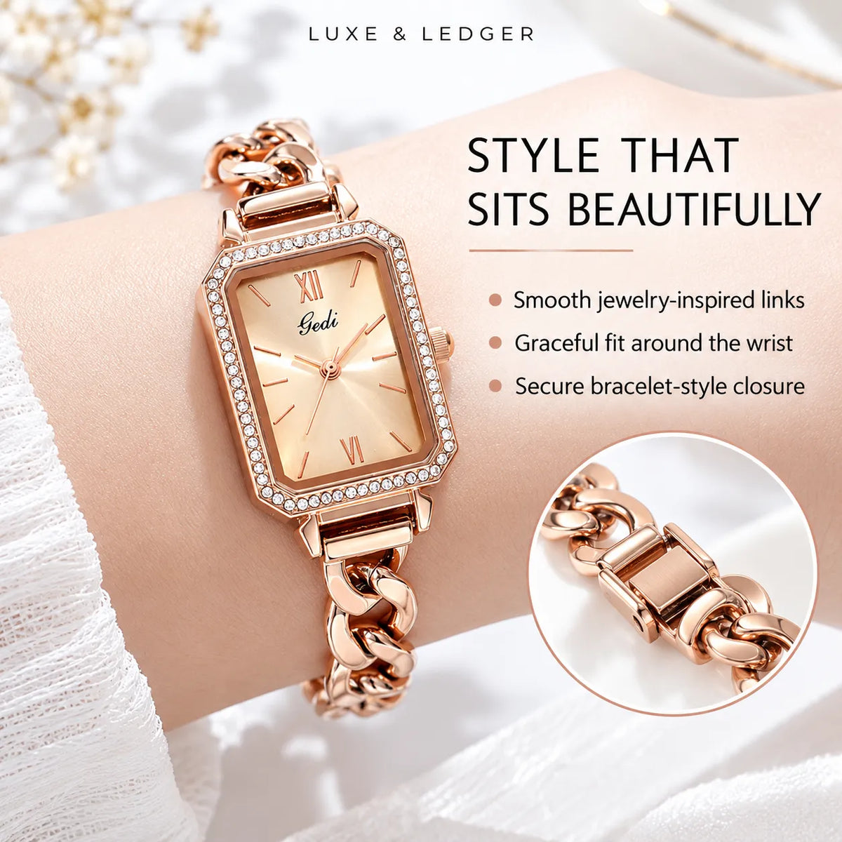 A rose gold women's watch with a rectangular crystal-embellished bezel and a thick chain bracelet, shown worn on a wrist. The watch dial is a soft champagne beige with Roman numerals.
